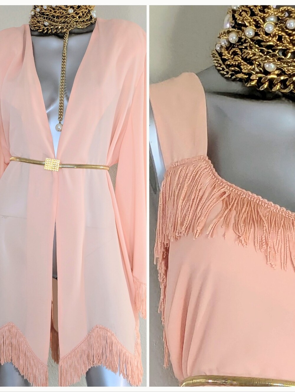 VINTAGE Wedding Flowey Feminine Chiffon Peach Fringe Grannycore Gadsby Two-Piece